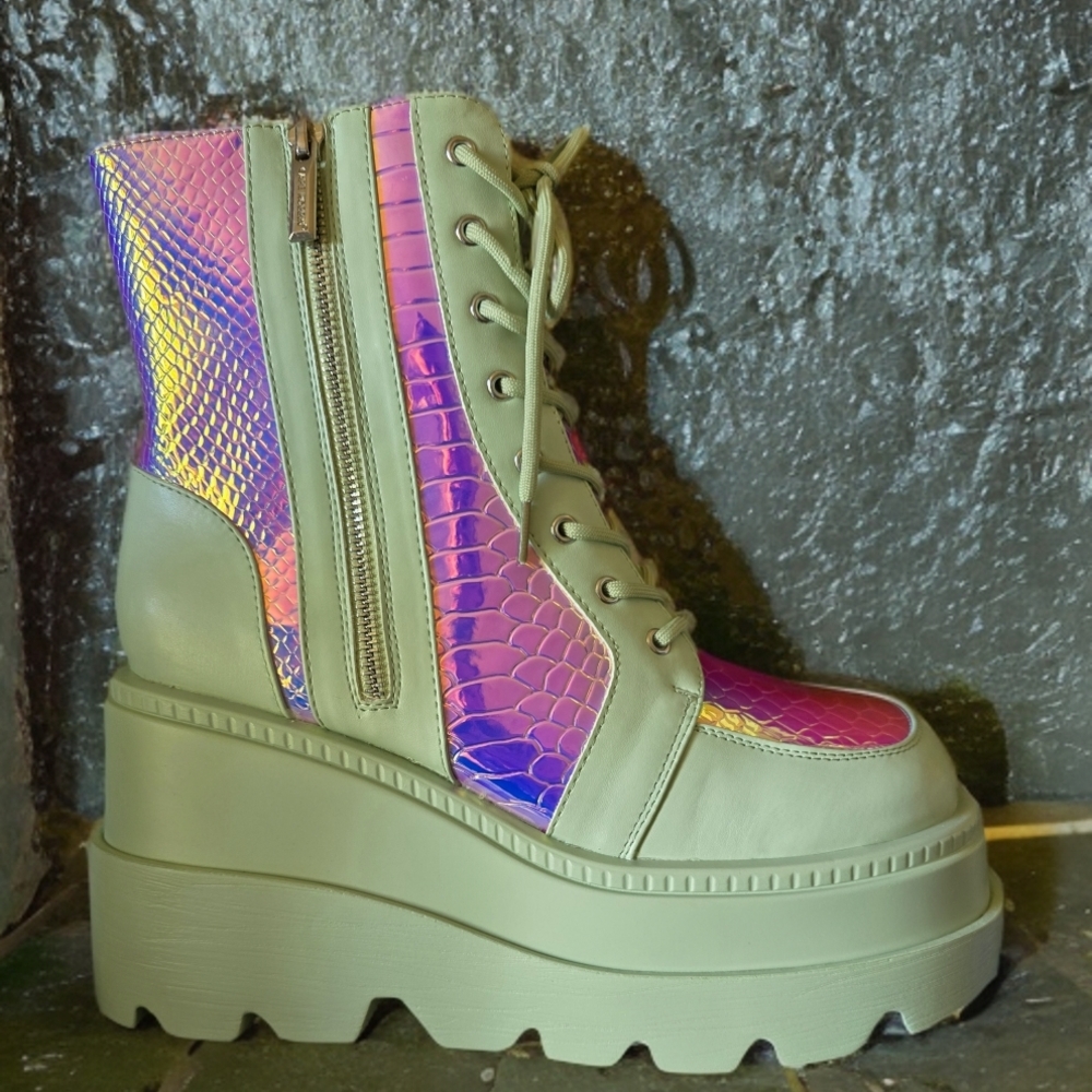 Iridescent Pink Mint Green Platform Combat Boot - Women